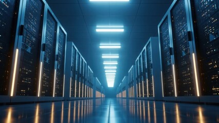 Modern data center server room with glowing lights and advanced technology infrastructure