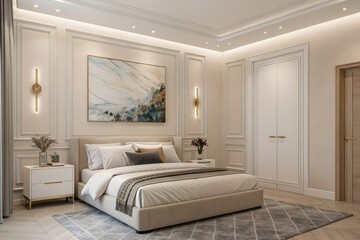 Elegant modern bedroom interior offers serene escape with luxurious bedding and soft lighting for peaceful nights and restful sleep in a tranquil retreat