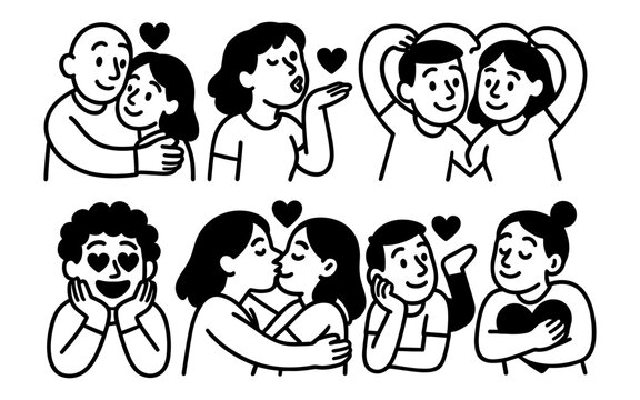 Black and white cartoon love: diverse couples sharing affectionate moments