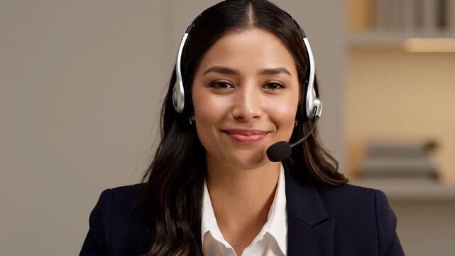 Professional woman with headset and mic conversing, smiling into camera from office