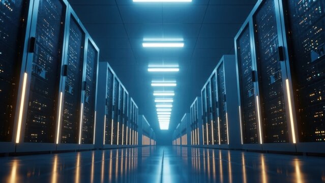 Modern data center server room with glowing lights and advanced technology infrastructure