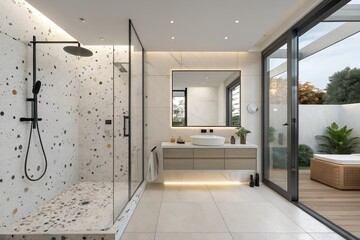 Relaxing modern bathroom oasis with stunning shower and seamless indoor outdoor flow invites tranquility and rejuvenation in a bright and airy space