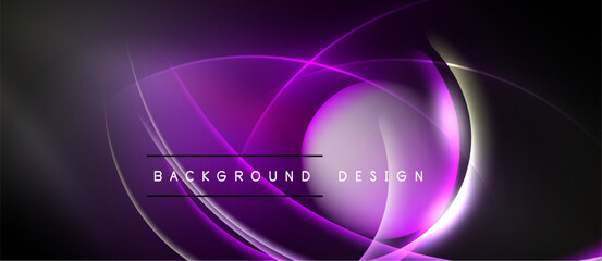 Abstract purple design features curved lines, glowing effects. Background includes text background design centered within composition. Dark shades dominate image.