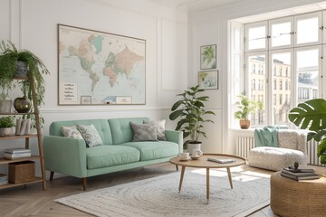 Fototapeta premium Stylish living room interior with cozy mint green sofa, world map wall art, and sunlit window for a modern, inviting home ambiance