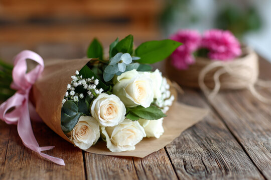 A tastefully arranged bouquet of white roses wrapped in rustic brown paper rests on a wooden table, accented with soft pink ribbons for a warm, inviting mood.