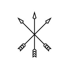 Three crossed bow arrows. Line art vector. Outline isolated illustration on white background.