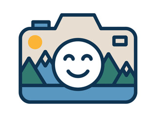 A stylized camera displays a happy smiley face over a landscape scene, symbolizing joyful photography and travel.