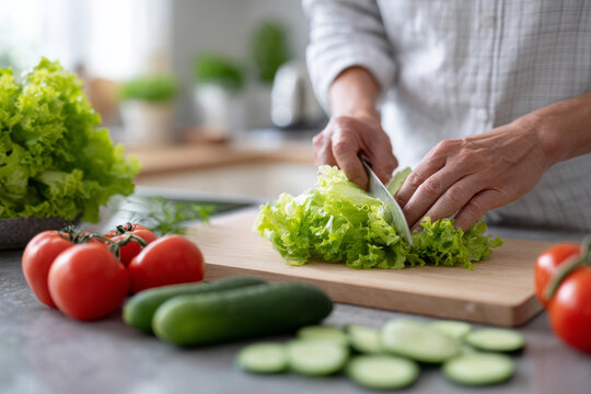 A lively kitchen scene shows someone preparing a crisp green salad with tomatoes and cucumbers in a bright, healthy culinary environment.