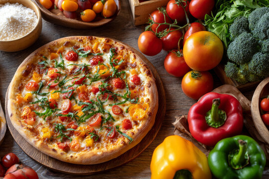 A joyful moment depicts friends sharing a freshly baked pizza surrounded by colorful vegetables on rustic wood, suggesting warmth and communal enjoyment.
