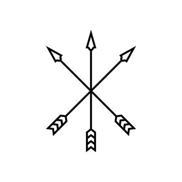 Three crossed bow arrows. Line art vector. Outline isolated illustration on white background.