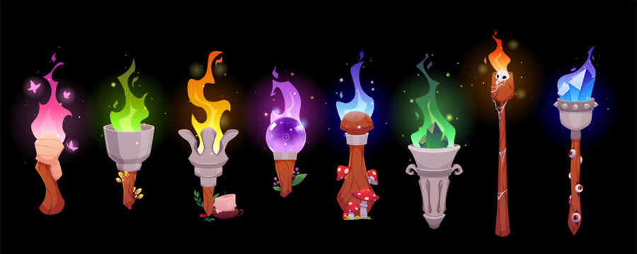 A set of magical torches, various shapes, with burning crystals and multicolored flames.
