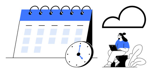 Calendar scheduling concept. Calendar, clock, and cloud scheduling and time management. Calendar planning for remote work and productivity. Ideal for time management, business tools, project