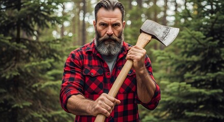 Manly caucasian lumberjack holding an axe with a serious expression in a forest. Concept of outdoor work, strong man, and wilderness lifestyle.
