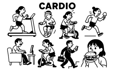 Cardio and daily activities in black and white cartoon style for fitness inspiration