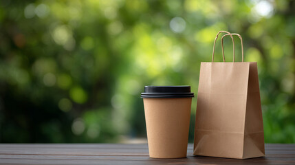 A mockup scene featuring a brown paper bag and disposable coffee cup set against a softly blurred green background.