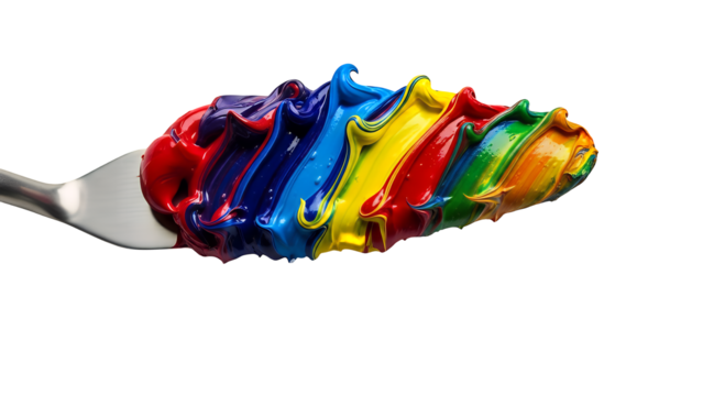 Vibrant and richly textured spectrum of swirled paint colors on a metal palette knife, showcasing a dynamic artistic blend of hues, isolated on transparent background
