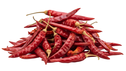 A large, vibrant pile of dried red chili peppers, an essential spicy culinary ingredient used for flavoring diverse dishes, presented neatly isolated on transparent background