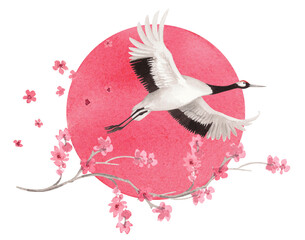 Obraz premium Flyind japanese red crown crane flying on the sun and sakura flowers on background. Watercolor handmade illustration. For fabric, wallpaper, greeting cards, design, decoration and illustration.