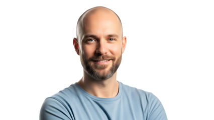 Smiling bald man with beard wearing a blue t shirt isolated on transparent background