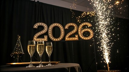 Elegant black background with glowing gold 2026 typography and sparkling champagne bubbles rising upward, luxury celebration style.