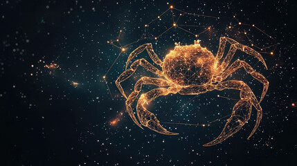 Cancer zodiac constellation in minimal line art style, thin golden lines forming crab shape on dark background, modern mystical astrology design with celestial elements and copy space for text