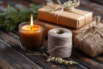 Rustic wooden textures frame a candle, twine, and neatly wrapped gifts, creating a warm handcrafted holiday mood ideal for festive DIY or creative inspiration.