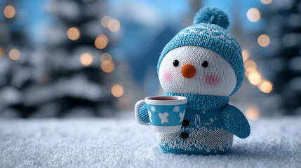 A cute plush snowman toy holding a mug sits in a snowy setting, offering a cozy holiday gift idea for children.