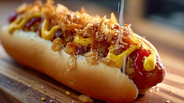 Delicious hot dog topped with ketchup mustard and crispy onions