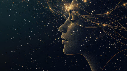 Virgo Zodiac Constellation Minimal Line Art, Thin Golden Lines on Dark Background, Modern Astrology Concept, Copy Space