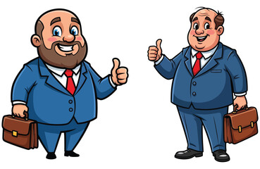 Cartoon businessmen in blue suits giving thumbs up and holding briefcases isolated illustration