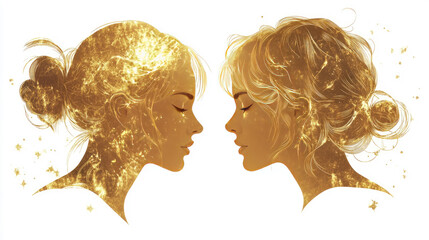 Two women's profiles with closed eyes represent the astrological Gemini symbol, featuring golden hair and ornate white details, highlighting themes of connection and artistic elegance