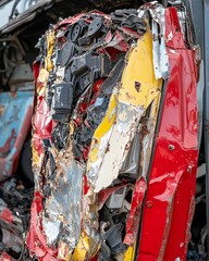 Close-up of a colorful crushed car in a scrapyard, showing layers of compressed metal and paint.