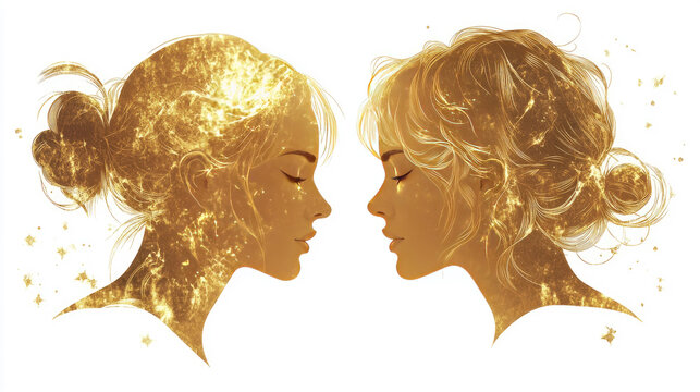 Two women's profiles with closed eyes represent the astrological Gemini symbol, featuring golden hair and ornate white details, highlighting themes of connection and artistic elegance
