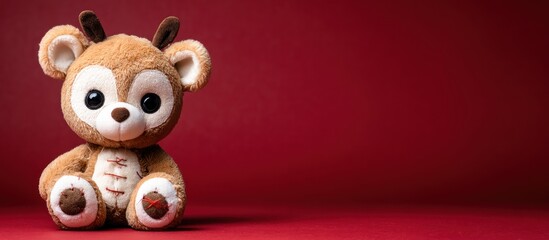 Cute Reindeer Plush Toy on Red Background.