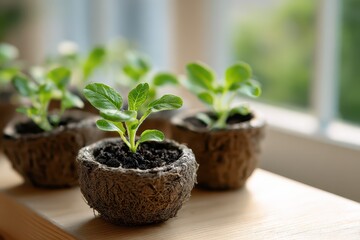Early growth stage showing seedlings in compact peat pots on a bright indoor table