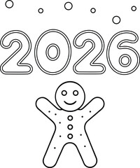 2026 New Year Gingerbread Man Coloring Page Winter Snow Holiday Christmas Printable Vector Illustration