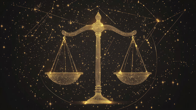 Libra zodiac constellation in minimal line art style, thin golden lines forming scales shape on dark background, modern mystical astrology design with elegant celestial elements and copy space
