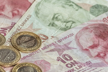 Turkish Lira, Turkish Money Turkish Turk Parasi Lira banknotes and coins background.