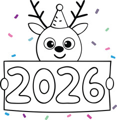 2026 New Year Reindeer Sign Coloring Page Party Hat Confetti Vector Illustration Outline Christmas