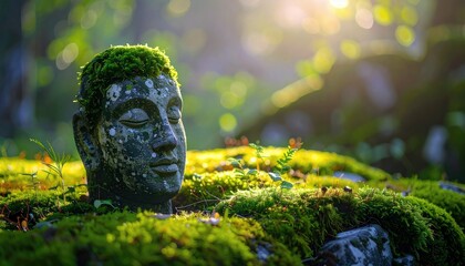 A weathered Buddha statue head covered in moss, emerging from a bed of green moss in a forest, bathed in soft sunlight.