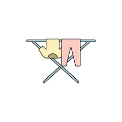 Clothes drying rack icon. Stand for dryer clothes. Portable folding clothes drying rack with a shirt and pants hanging to dry. Isolated vector illustration on white background.