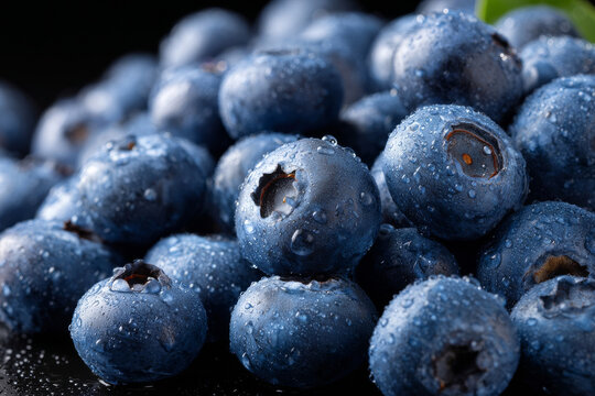 A macro close-up of fresh blueberries showing their natural bloom, matte skin, and tiny droplets. - Powered by Adobe
