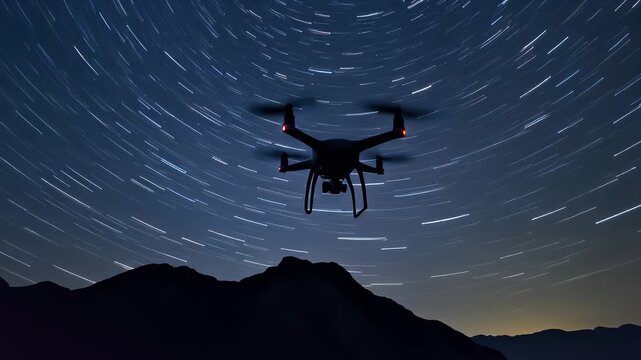 Drone flying at night under a starry sky with circular star trails over mountains