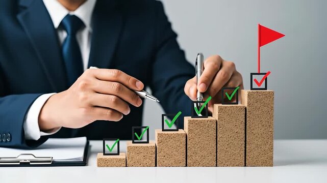 Businessman marking checkboxes on wooden blocks, symbolizing goal achievement and progress in business strategy.