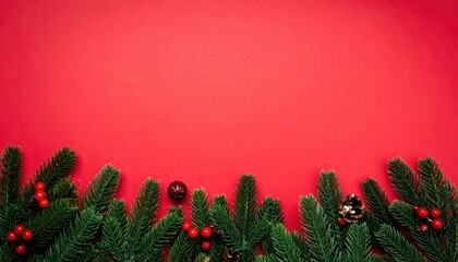 Festive Christmas fir branches with red berries and pine cones border on red background.