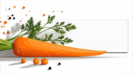 A cartoon illustration of a carrot with green leaves and orange dots on a white background. The image has a clean and minimalist aesthetic.
