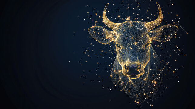 Taurus zodiac constellation in minimal line art style, thin golden lines forming bull shape on dark background, modern mystical astrology design with celestial elements and copy space for text