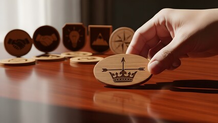 Hand holding a wooden token with a crown and arrows emblem