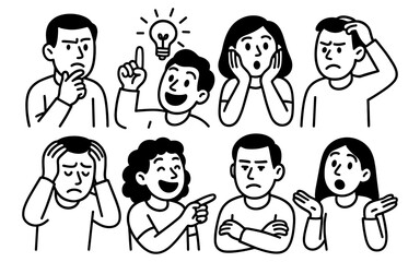 Set of expressive characters in simple black and white line art style