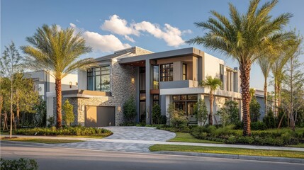 Fototapeta premium Elegant gray faÃ§ade luxury home in a serene Laureate Park community